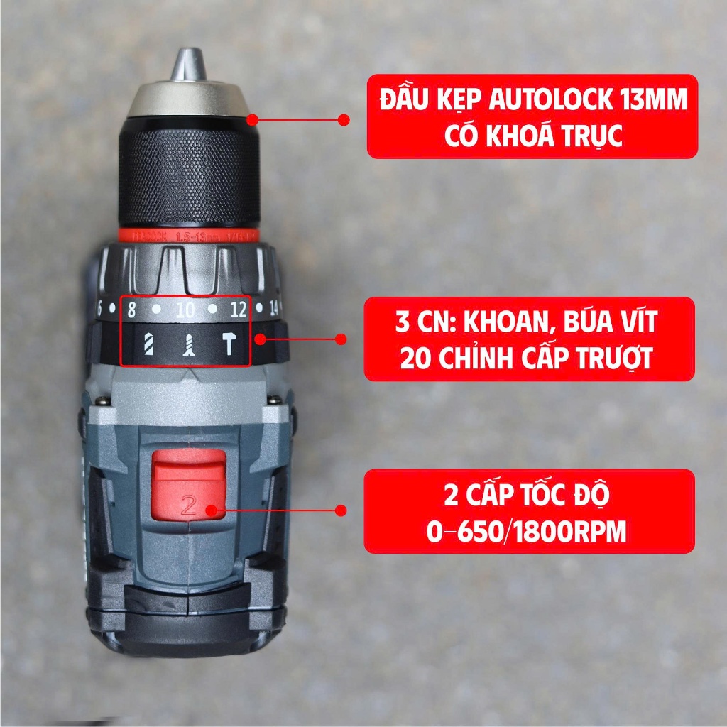 [ANTI-KICKBACK] Máy khoan pin 13mm Workfix WF-ID13100AK lực siết 100Nm, Không Chổi Than, Đầu Kim Loại AutoLock