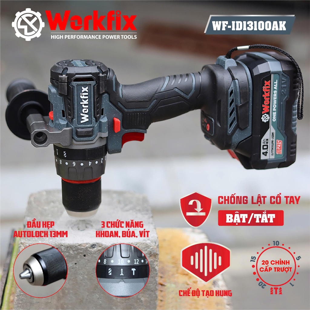 [ANTI-KICKBACK] Máy khoan pin 13mm Workfix WF-ID13100AK lực siết 100Nm, Không Chổi Than, Đầu Kim Loại AutoLock