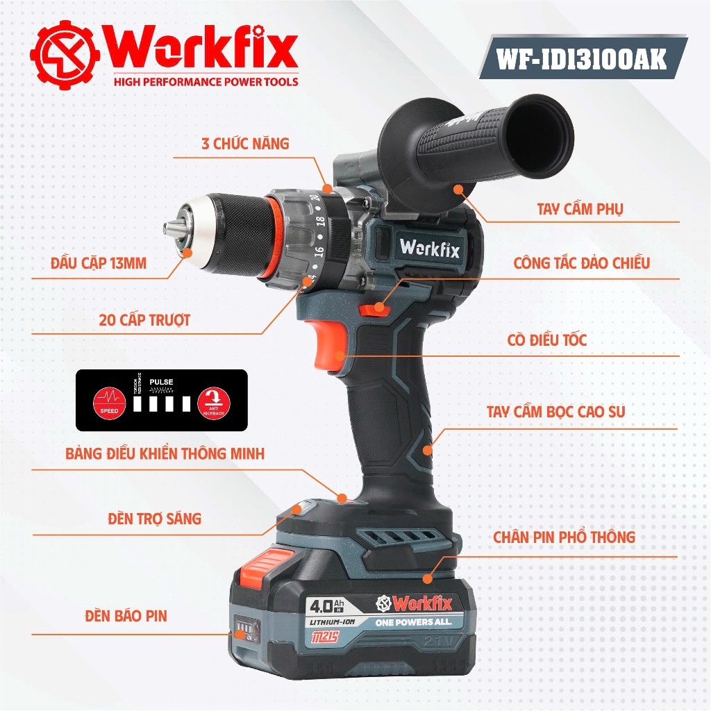 [ANTI-KICKBACK] Máy khoan pin 13mm Workfix WF-ID13100AK lực siết 100Nm, Không Chổi Than, Đầu Kim Loại AutoLock