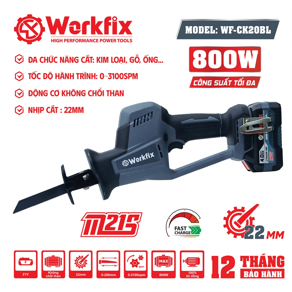 [Tặng 4 Lưỡi Cắt] Máy Cưa Kiếm WF-CK20BL Workfix, Chân Pin Phổ Thông, Chuyên Cưa Gỗ, Cắt, Tỉa,...