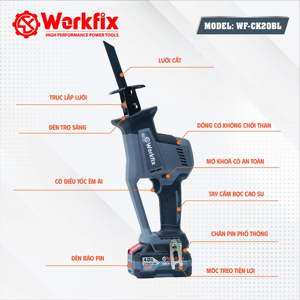 [Tặng 4 Lưỡi Cắt] Máy Cưa Kiếm WF-CK20BL Workfix, Chân Pin Phổ Thông, Chuyên Cưa Gỗ, Cắt, Tỉa,...