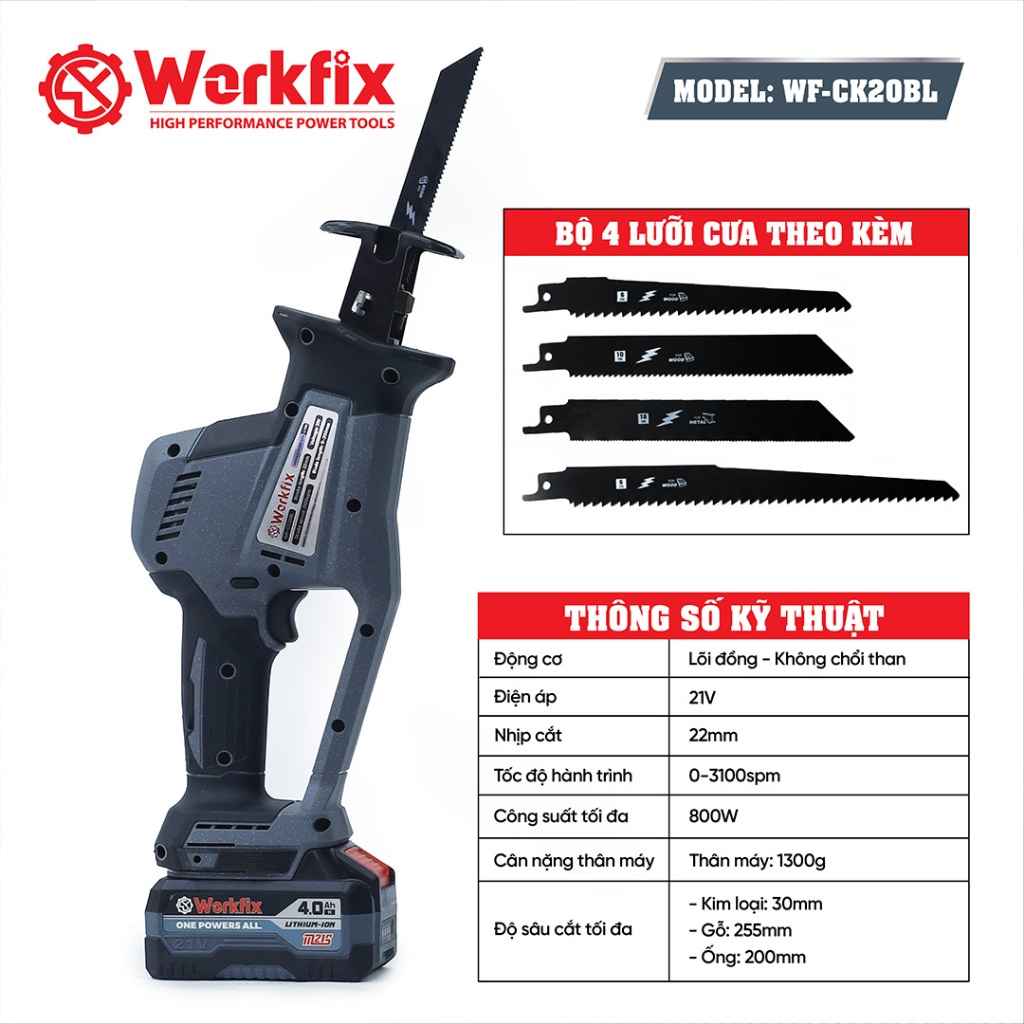 [Tặng 4 Lưỡi Cắt] Máy Cưa Kiếm WF-CK20BL Workfix, Chân Pin Phổ Thông, Chuyên Cưa Gỗ, Cắt, Tỉa,...