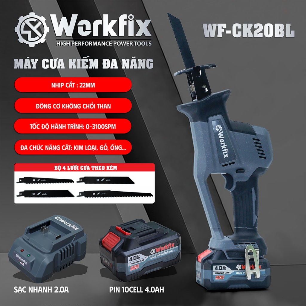 [Tặng 4 Lưỡi Cắt] Máy Cưa Kiếm WF-CK20BL Workfix, Chân Pin Phổ Thông, Chuyên Cưa Gỗ, Cắt, Tỉa,...