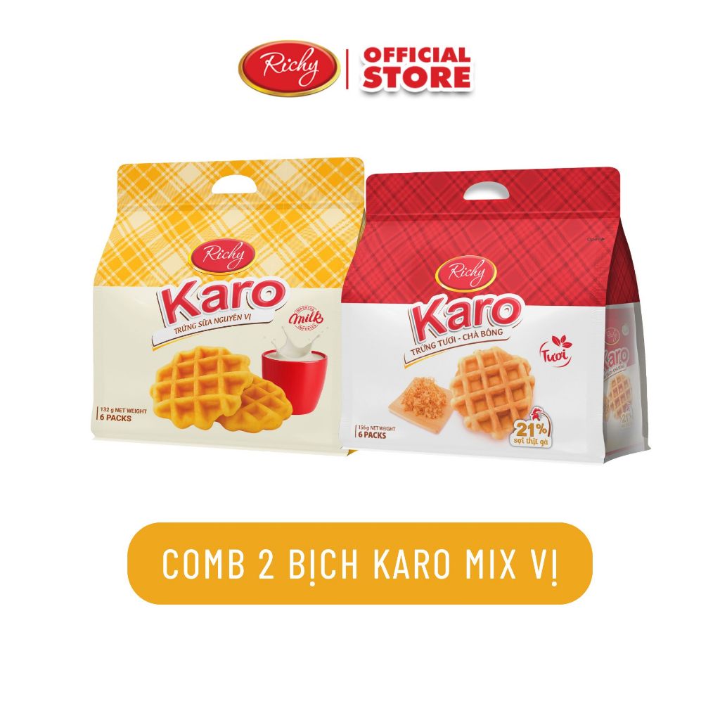 [Tặng quà đơn từ 129k] Combo 2 bịch bánh trứng tươi chà bông Karo Richy sợi thịt gà và phô mai hoàng kim 26g