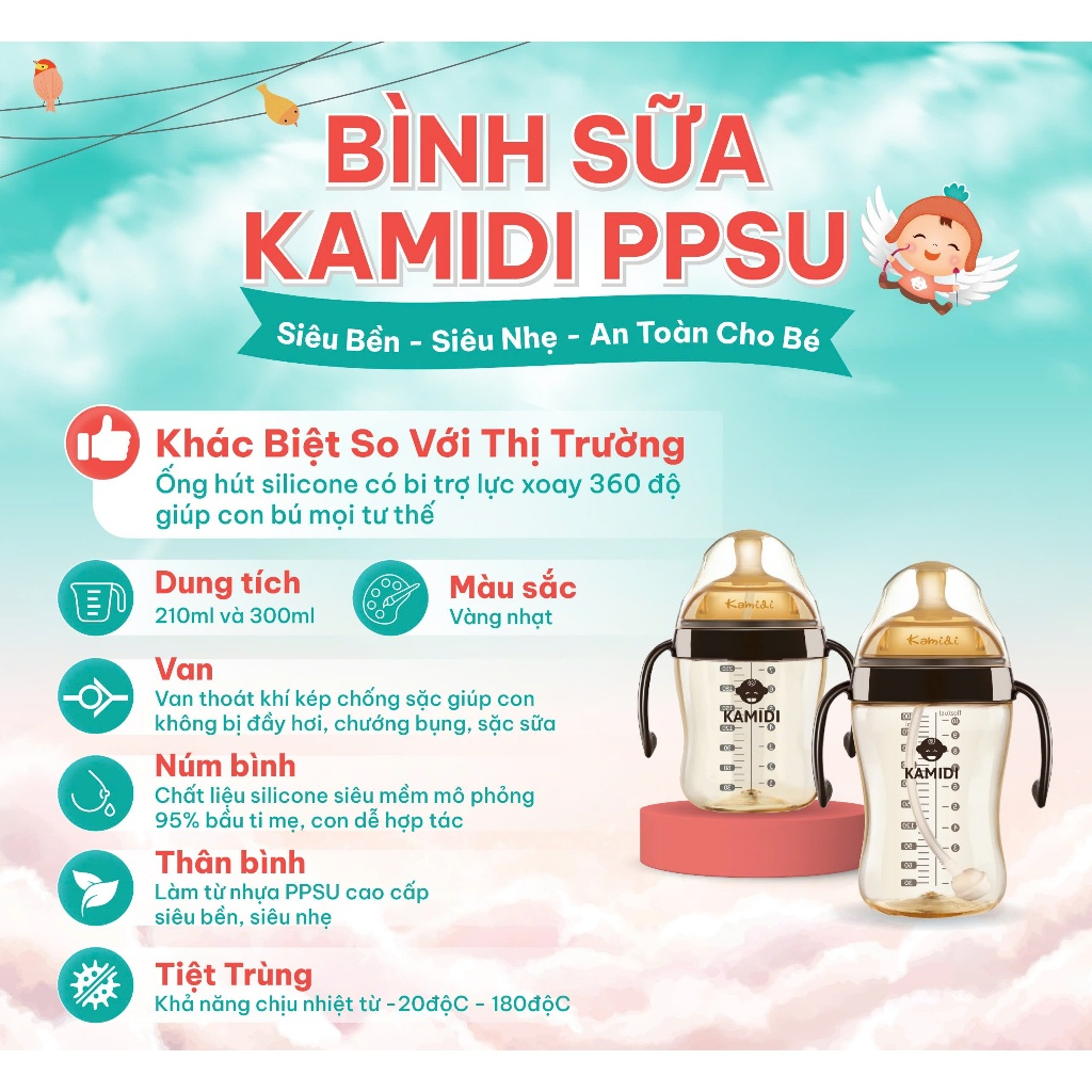 [HỎA TỐC HCM HN] Bình Sữa Cho Bé Kamidi Gen1 PPSU Cao Cấp- Họa Tiết Gấu/Thỏ/Galaxy/Bơ/Cherry - Dung Tích 210ml/300ml