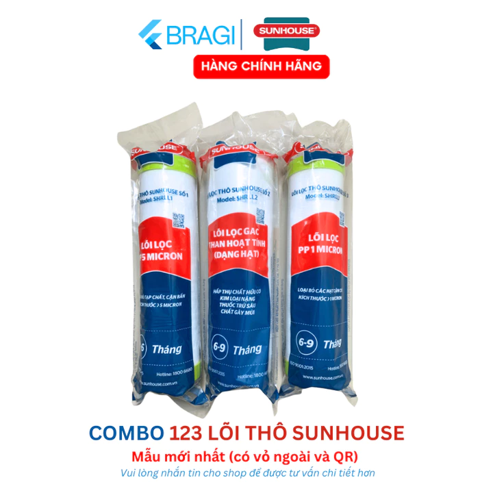 Combo 3 Lõi 123 SUNHOUSE Lọc Thô Chính Hãng Mẫu Mới Dành Cho Máy Lọc Nước RO Sử Dụng Cốc Lọc 10inch – 6