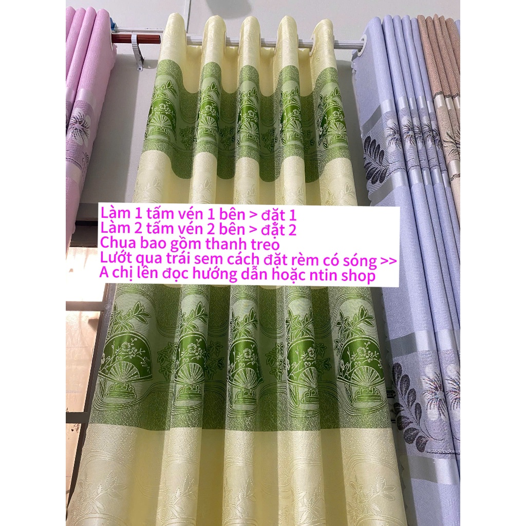 Gấm hoa văn màu kem vàng phối xanh quạt , giá của 1 tấm rèm căng thẳng ( chua bao gồm thanh treo) vải polyster 3 lớp