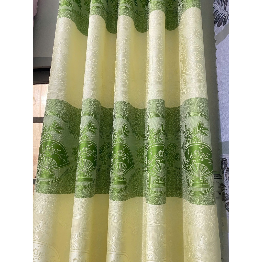 Gấm hoa văn màu kem vàng phối xanh quạt , giá của 1 tấm rèm căng thẳng ( chua bao gồm thanh treo) vải polyster 3 lớp