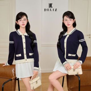 [MỞ BÁN] DELIZ - Áo cardigan phối cúc cổ bẻ dài tay xanh than sang trọng chất len lông thỏ cao cấp CD846