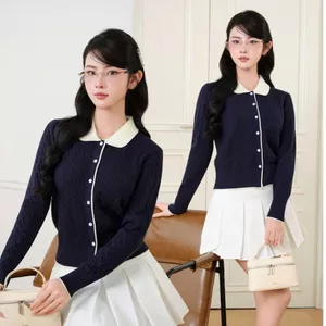 DELIZ - Áo cardigan len lông thỏ dệt kim xanh than tiểu thư basic màu thu đông CD850