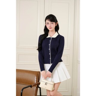 DELIZ - Áo cardigan len lông thỏ dệt kim xanh than tiểu thư basic màu thu đông CD850
