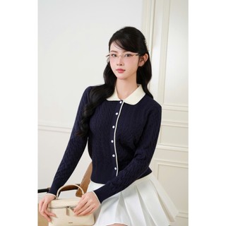 DELIZ - Áo cardigan len lông thỏ dệt kim xanh than tiểu thư basic màu thu đông CD850