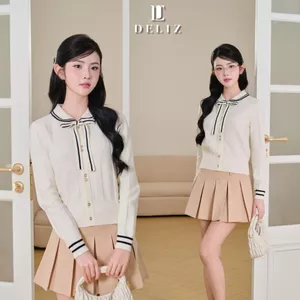 DELIZ - Áo len cardigan cổ sen phối nơ tiểu thư dài tay cho nữ mùa thu đông CD851