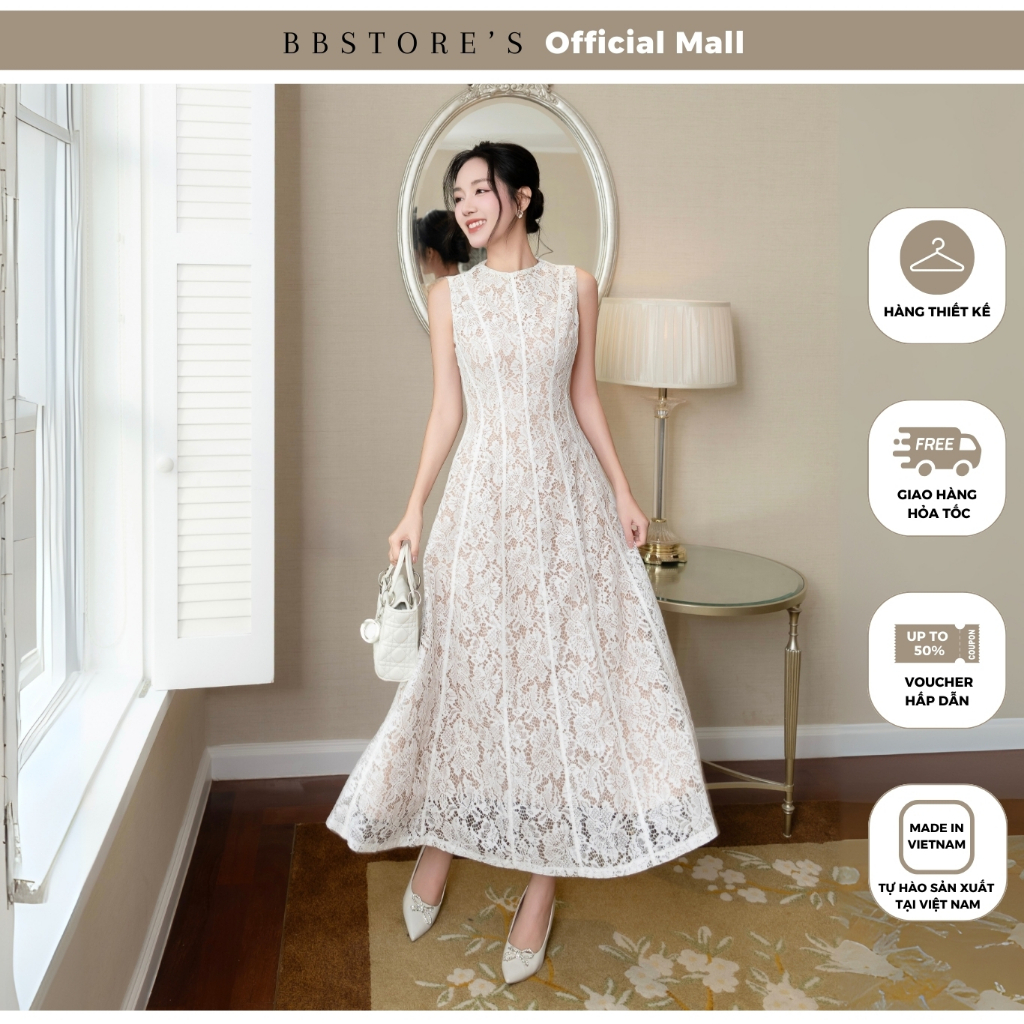 BBSTORE’S Đầm Đi Dự Tiệc Nữ Váy Dài Cổ Tròn Phối Ren Dáng Chữ A Xòe Thiết Kế Cao Cấp Sang Trọng Sang Chảnh - D4086A