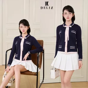 DELIZ - Áo cardigan cho nữ chất len lông thỏ dáng dài tay cổ bẻ phối nơ xanh than caon cấp CD852