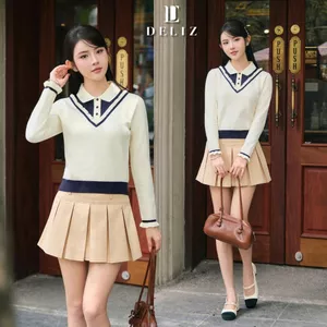 DELIZ - Áo len dài tay cho nữ phối cổ bẻ giả 2 lớp tay viền tiểu thư len lông thỏ cao cấp AL65