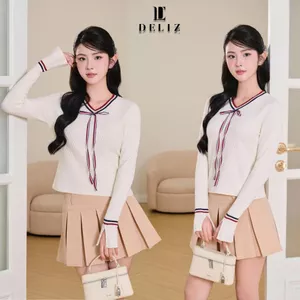 DELIZ - Áo len cổ tim tay dài xẻ tà dệt kim phối nơ màu be tiểu thư hàng thiết kế AL66