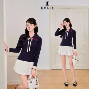 DELIZ - Áo len nữ dài tay cổ bẻ phối nơ hàng thiết kế bst thu đông phong cách tiểu thư hàn quốc AL68