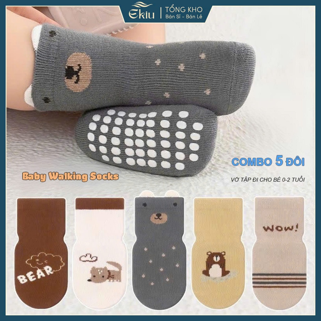 [COMBO 5 ĐÔI] vớ cotton mềm mại có lớp silicon chống trơn trượt cho bé 0-2 tuổi - Ekiu Shop