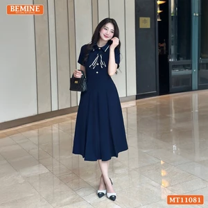 Đầm thiết kế BEMINE cổ đức đính nơ phối viền dáng chữ A phù hợp đi làm-MT11081