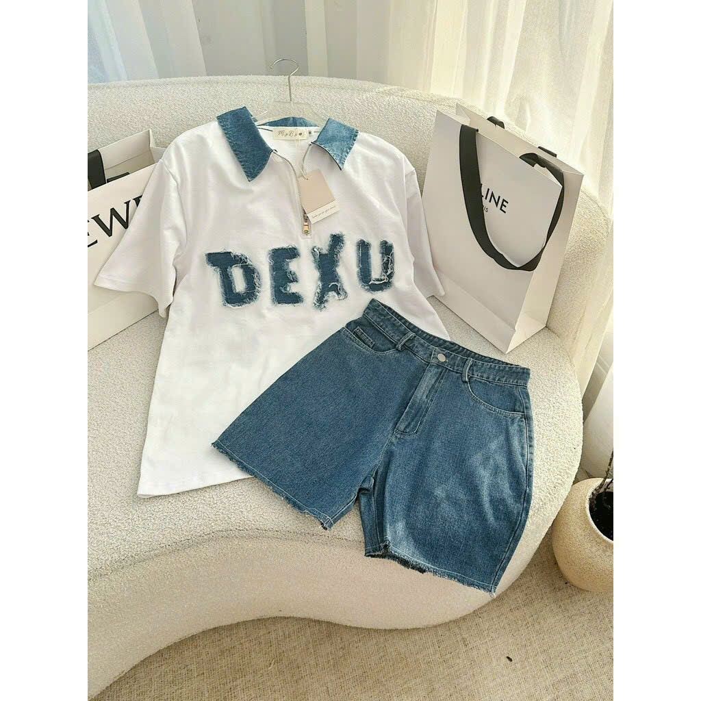Set đồ bé gái và mẹ áo thun phối cổ jean chữ DEKU kèm quần short jean cá tính phong cách Hàn Quốc năng động