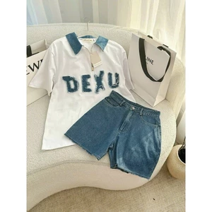 Set đồ bé gái và mẹ áo thun phối cổ jean chữ DEKU kèm quần short jean cá tính phong cách Hàn Quốc năng động