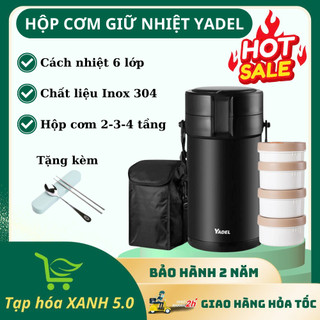 Hộp Cơm Giữ Nhiệt YADEL Tặng Đũa Thìa, Chất Liệu Inox 304, Khay Cách Nhiệt 6 Lớp, Chống Bỏng 2 Lớp