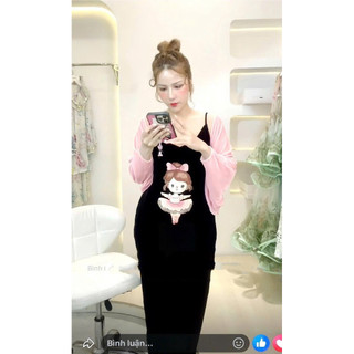 Váy nhung the hai dây thêu hình cô gái múa bale dáng xuông quả lê