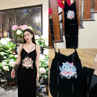 Váy hai dây nhung the thêu hình con cú dáng xuông quả lê