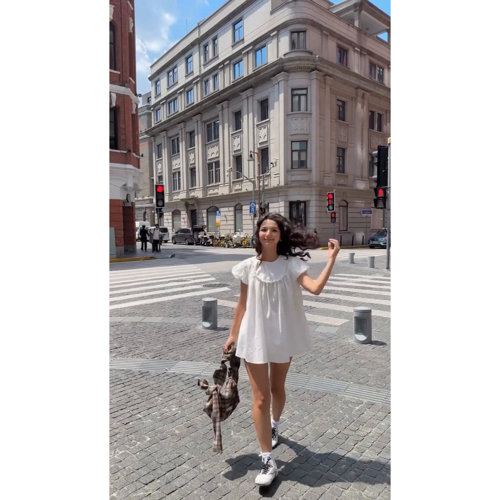 [Sẵn HỎA TỐC HÀ NỘI]ONESOON Đầm babydoll dáng ngắn xòe tay ngắn cổ tròn xếp ly kèm quần short ngọt ngào cho nữ