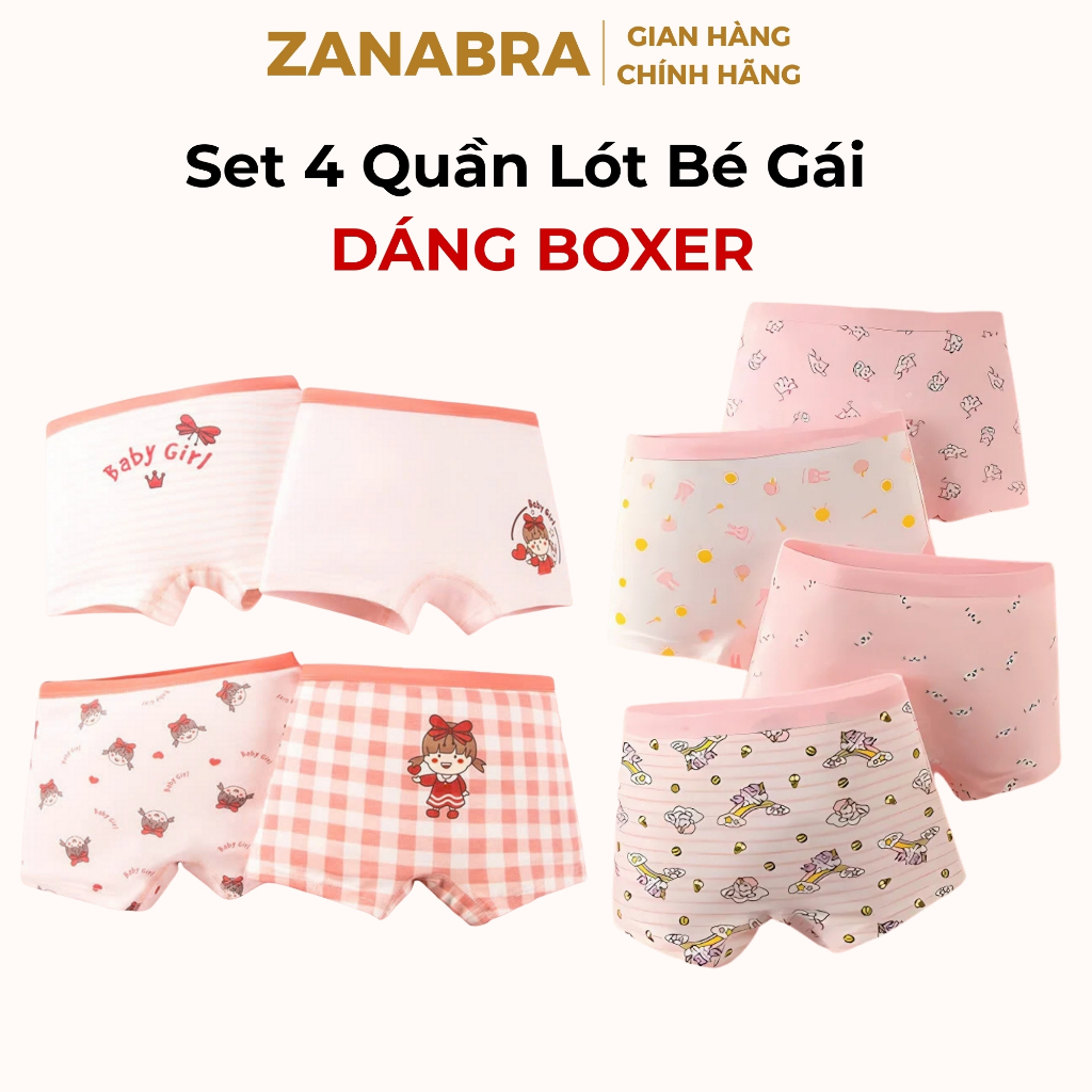 Set 4 Quần Lót Bé Gái Dáng Đùi - Combo 4 Quần Chip Bé Gái Cotton Mềm Thoáng Mát ZANABRA
