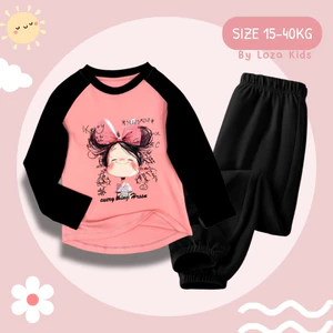 Bộ thu đông bé gái in hình Bé gái đeo nơ hồng - Bộ dài tay bé gái cân nặng từ 15-38kg-  Loza Kids BZ434