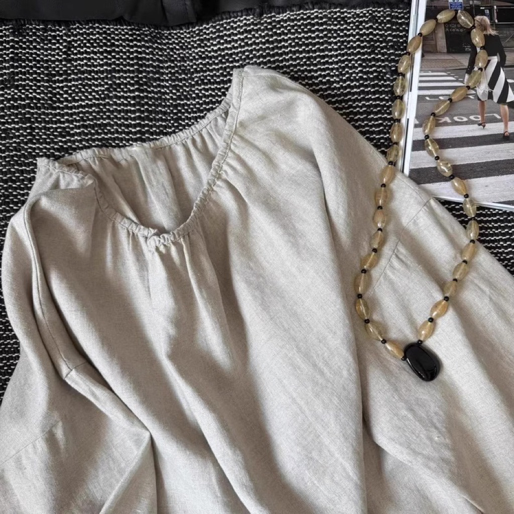 𝗗𝗲𝗻𝗶  - Áo Linen trễ vai dáng dấu quần tay phồng BEELY