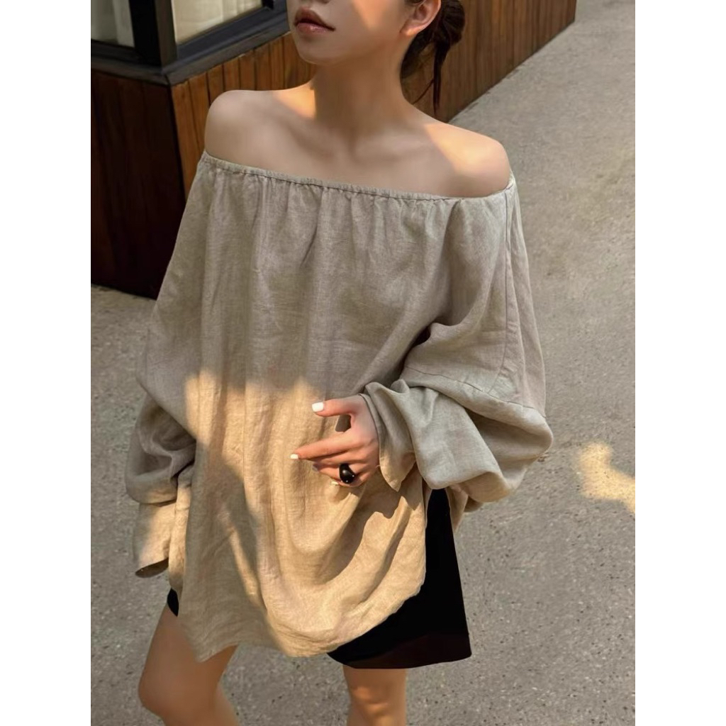 𝗗𝗲𝗻𝗶  - Áo Linen trễ vai dáng dấu quần tay phồng BEELY