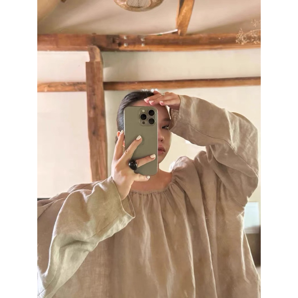 𝗗𝗲𝗻𝗶  - Áo Linen trễ vai dáng dấu quần tay phồng BEELY