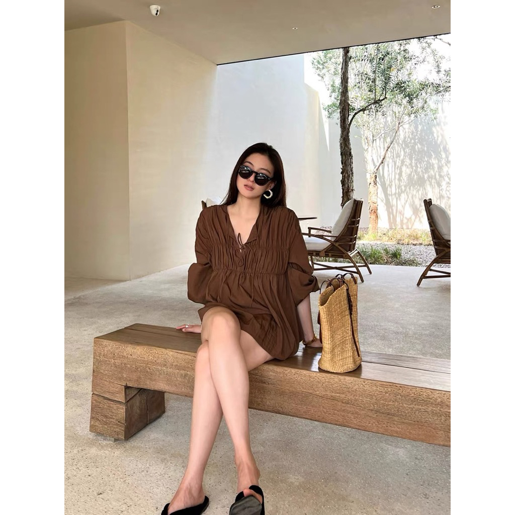 𝗦𝗶𝗻𝘆  - Áo Linen thắt nơ form rộng tay dài BEELY