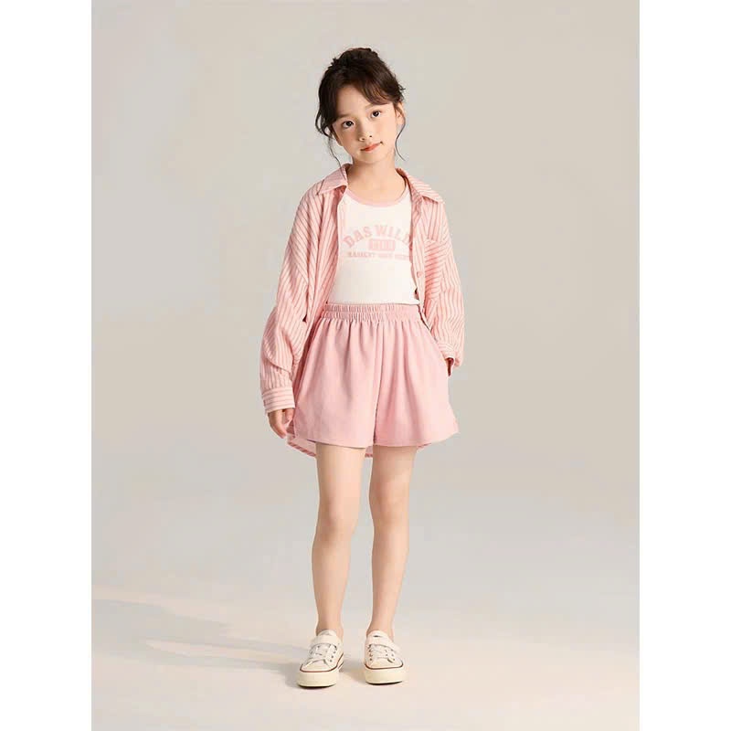 Set đồ bé gái và mẹ 3 món áo thun sát nách, áo sơ mi sọc dài tay kèm quần short lưng thun màu hồng nhẹ nhàng dễ thương