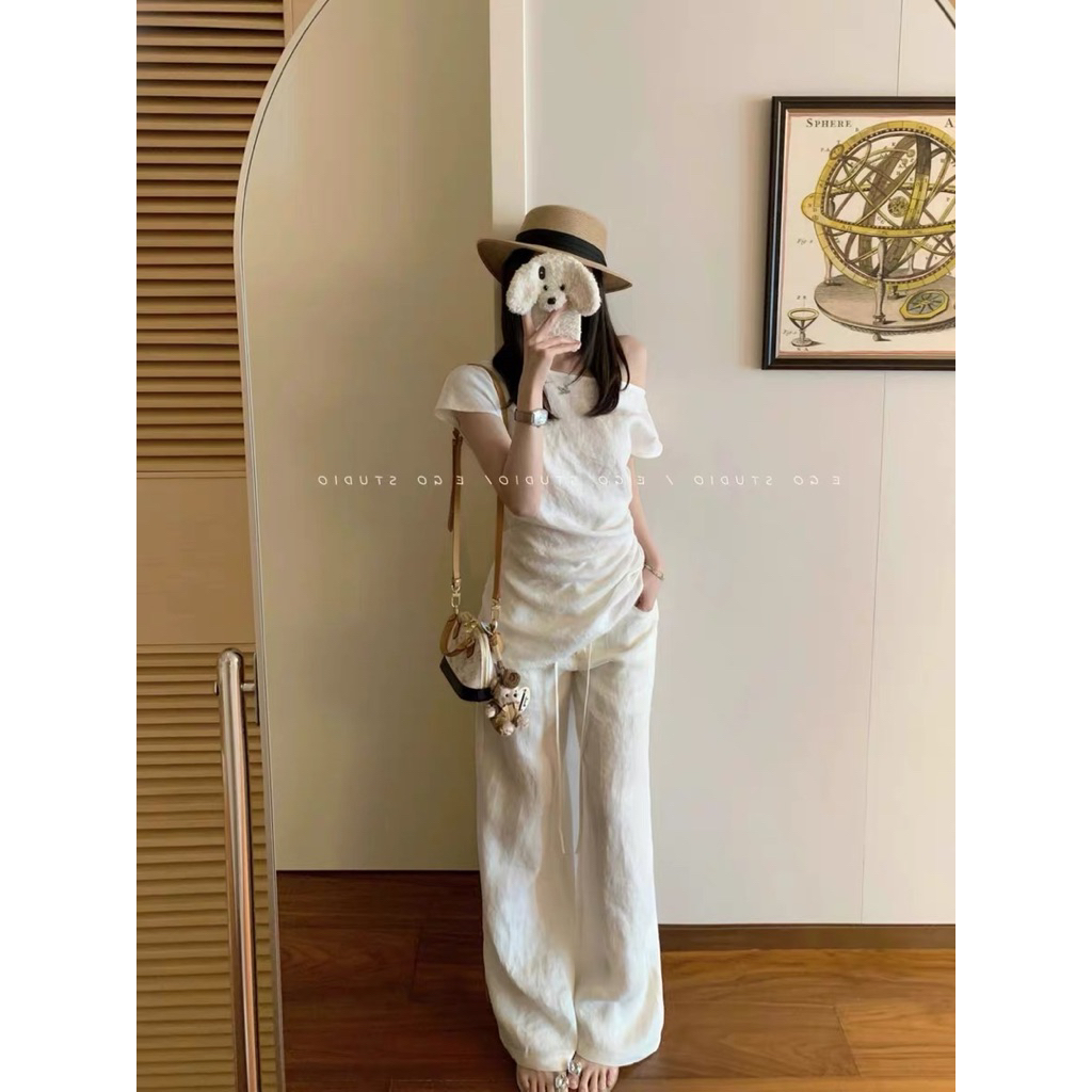 𝗙𝗶𝗻𝗻- Áo Linen lệch vai nhún eo BEELY