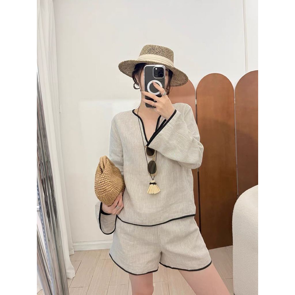 𝗟𝗲 - Set Linen tay dài chạy viền + quần Short BEELY