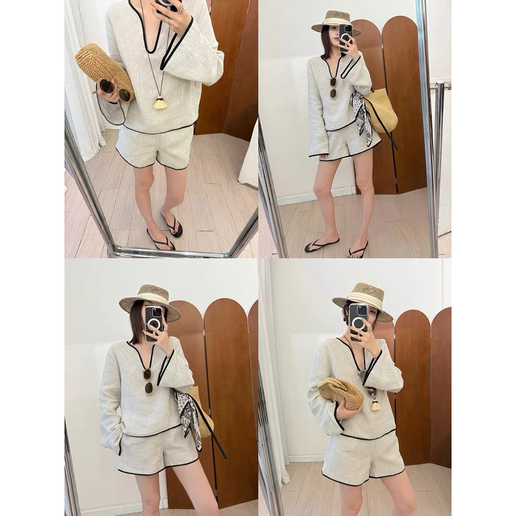 𝗟𝗲 - Set Linen tay dài chạy viền + quần Short BEELY