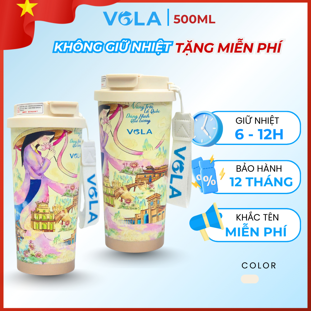 Ly giữ nhiệt VOLA Inox 316 500ml sang trọng, Cốc giữ nhiệt tráng sứ khắc tên có ống hút sẵn