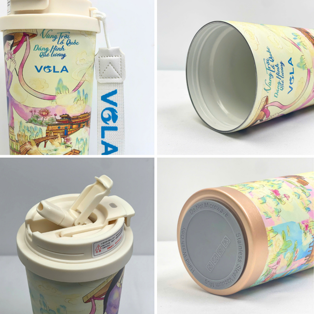 Ly giữ nhiệt VOLA Inox 316 500ml sang trọng, Cốc giữ nhiệt tráng sứ khắc tên có ống hút sẵn