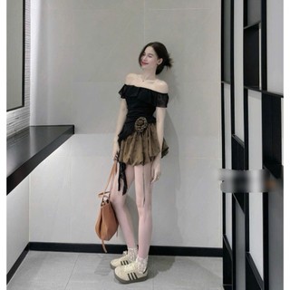 Set váy thời trang nữ thiết kế mi nhon chất áo thun giấy trễ vai phối chân váy lụa manggo dáng bí xòe