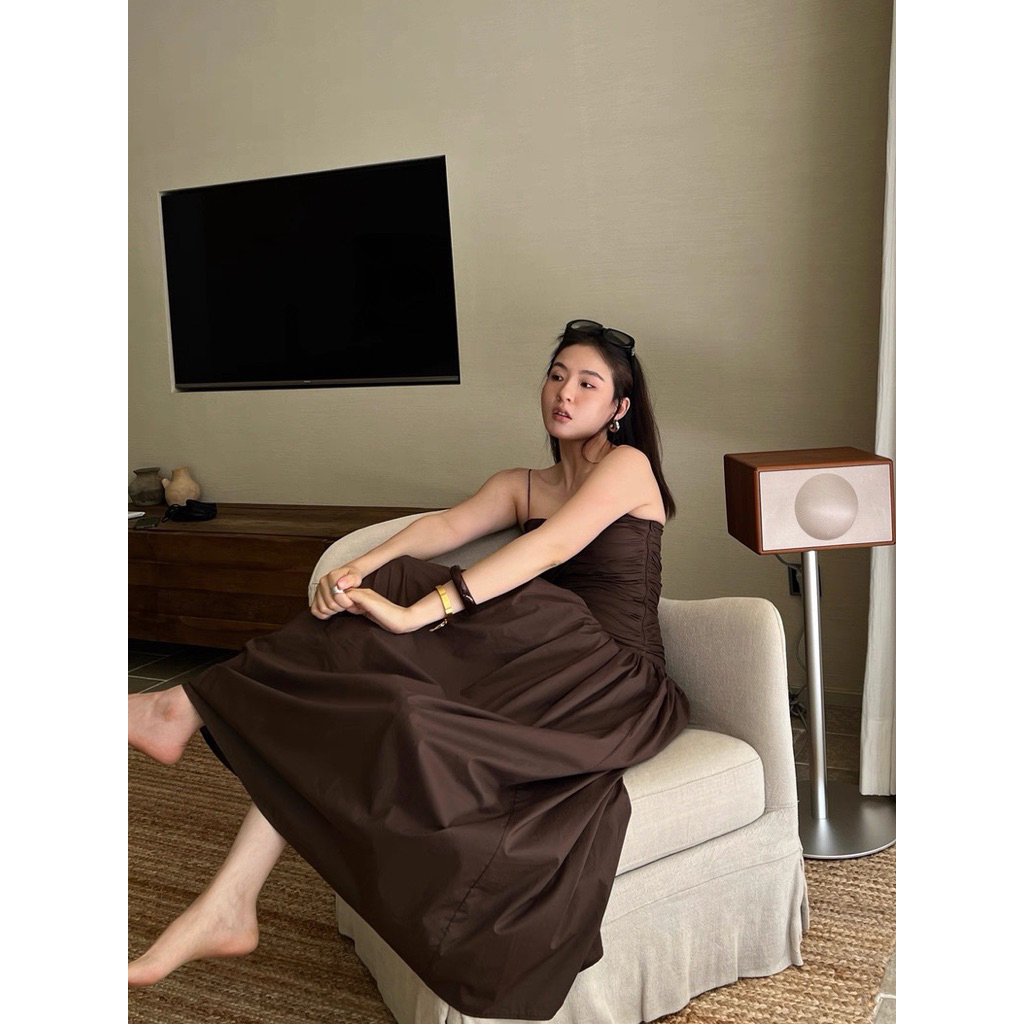 Đầm linen 2s nhún ngực dáng dài