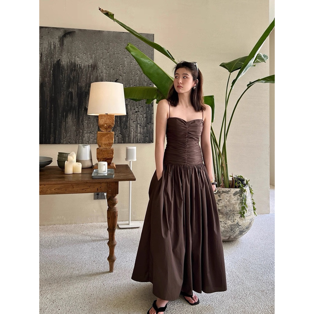 Đầm linen 2s nhún ngực dáng dài