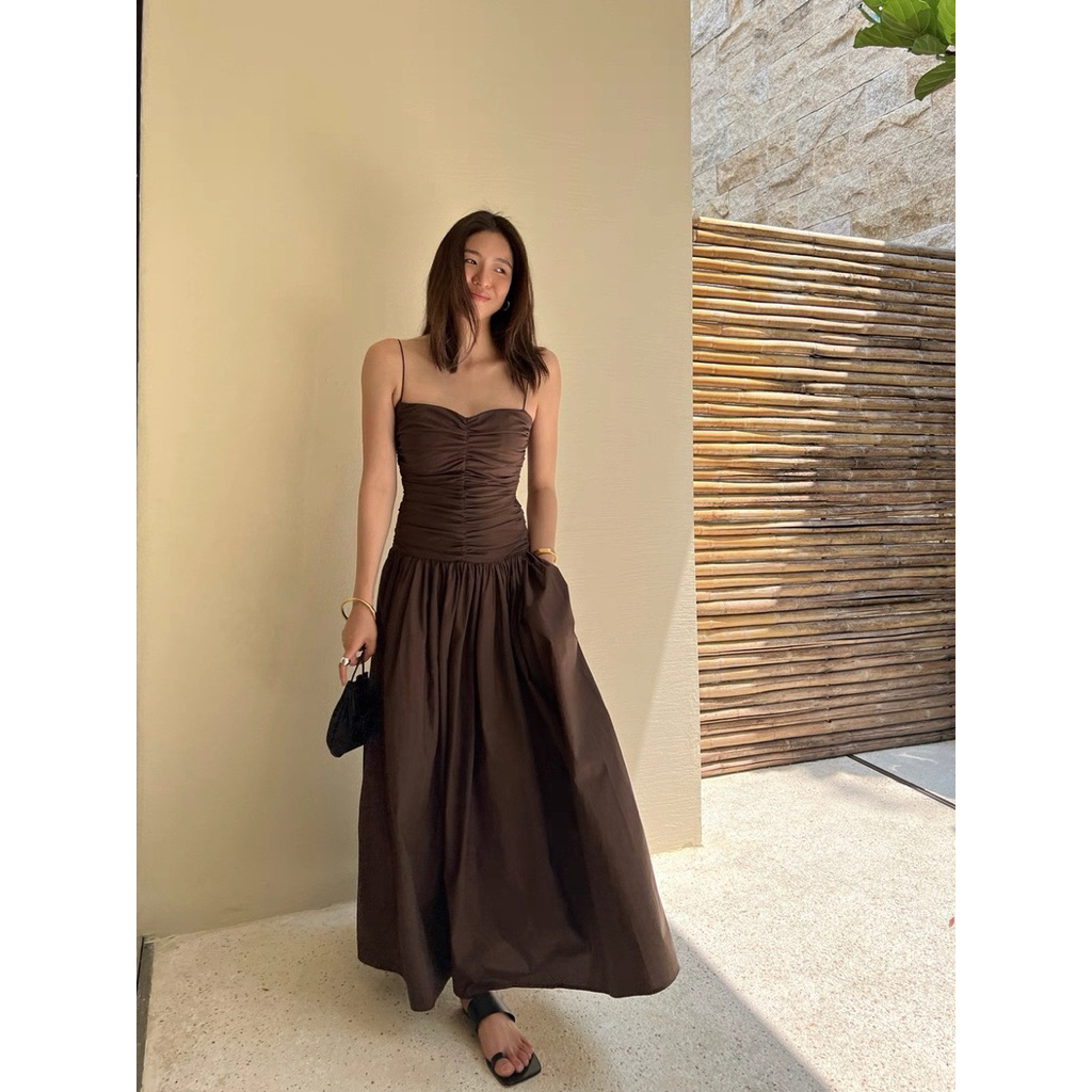 Đầm linen 2s nhún ngực dáng dài