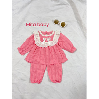 Bộ quần áo dài tay bé gái, set thu đông babydoll cổ vuông ren gắn nơ và quần dài cạp chun bo gấu siêu xinh