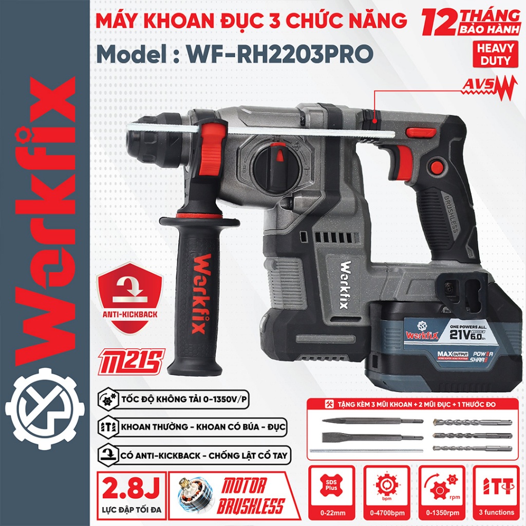 [KÈM BỘ 5 MŨI] Máy Khoan Đục Bê Tông Workfix WF-RH2203PRO - 3 Chức Năng KHOAN -BÚA -ĐỤC Bê Tông Chính Hãng