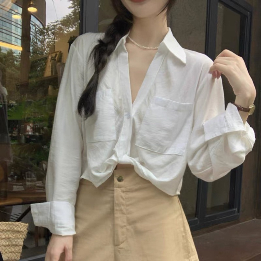 𝗛𝗶𝘂  A07 -  Áo Linen sơ mi xoắn eo Croptop BEELY