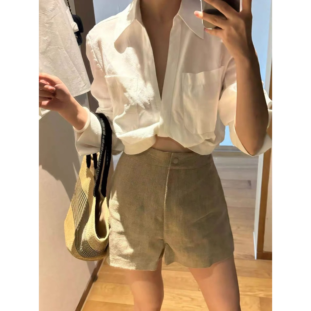 𝗛𝗶𝘂  A07 -  Áo Linen sơ mi xoắn eo Croptop BEELY